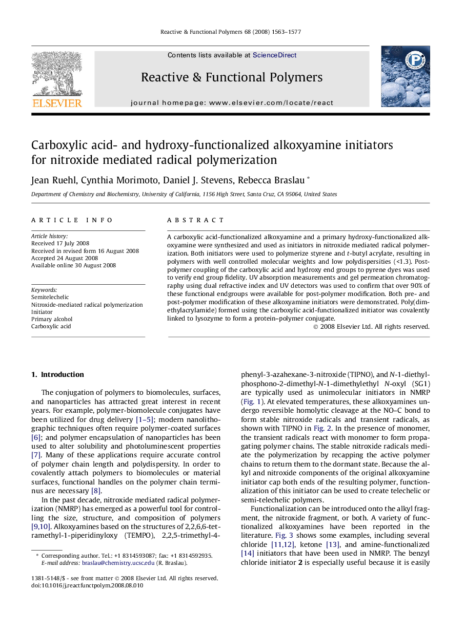 Carboxylic acid- and hydroxy-functionalized alkoxyamine initiators for nitroxide mediated radical polymerization