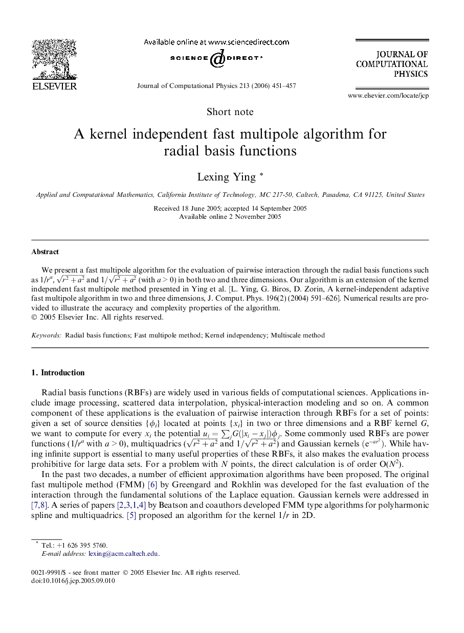 A kernel independent fast multipole algorithm for radial basis functions