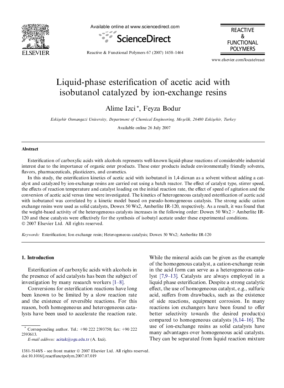 Liquid-phase esterification of acetic acid with isobutanol catalyzed by ion-exchange resins