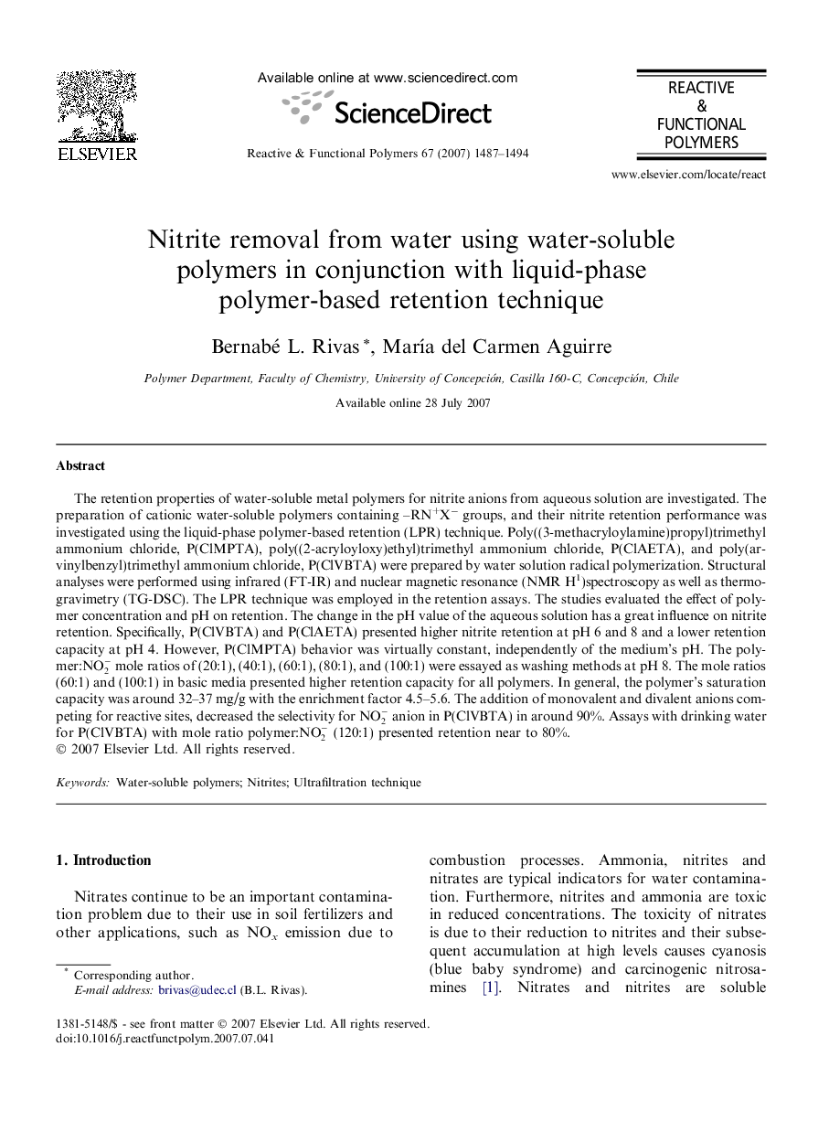 Nitrite removal from water using water-soluble polymers in conjunction with liquid-phase polymer-based retention technique