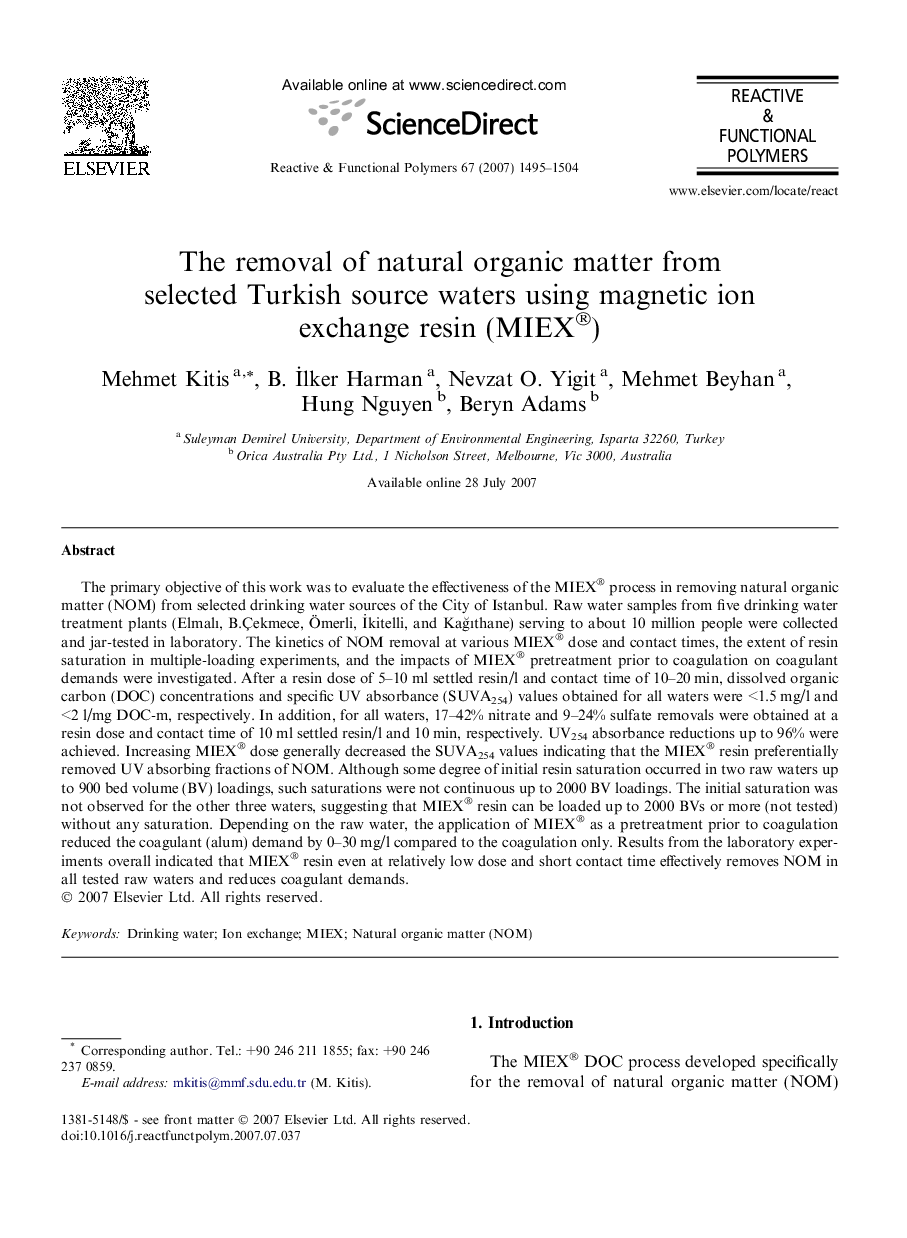 The removal of natural organic matter from selected Turkish source waters using magnetic ion exchange resin (MIEX®)