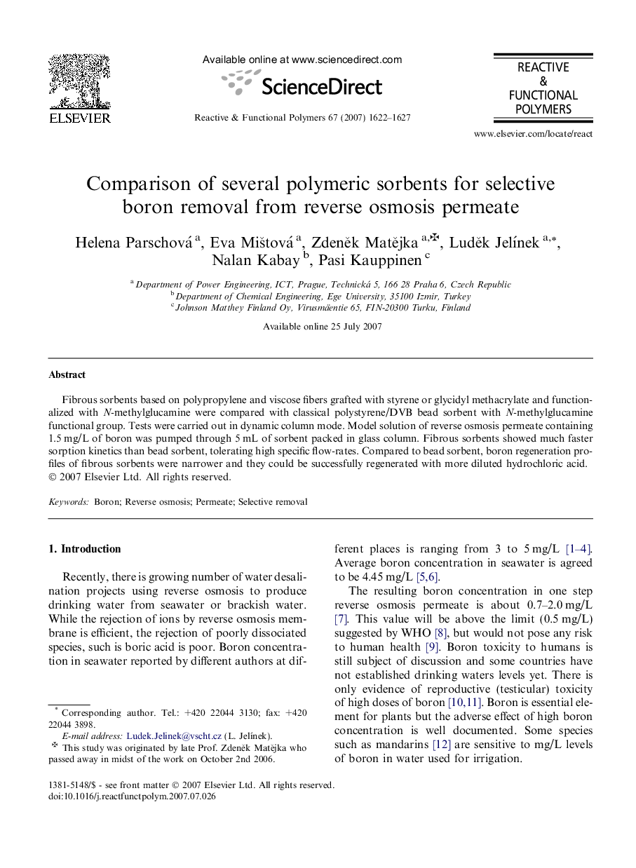 Comparison of several polymeric sorbents for selective boron removal from reverse osmosis permeate