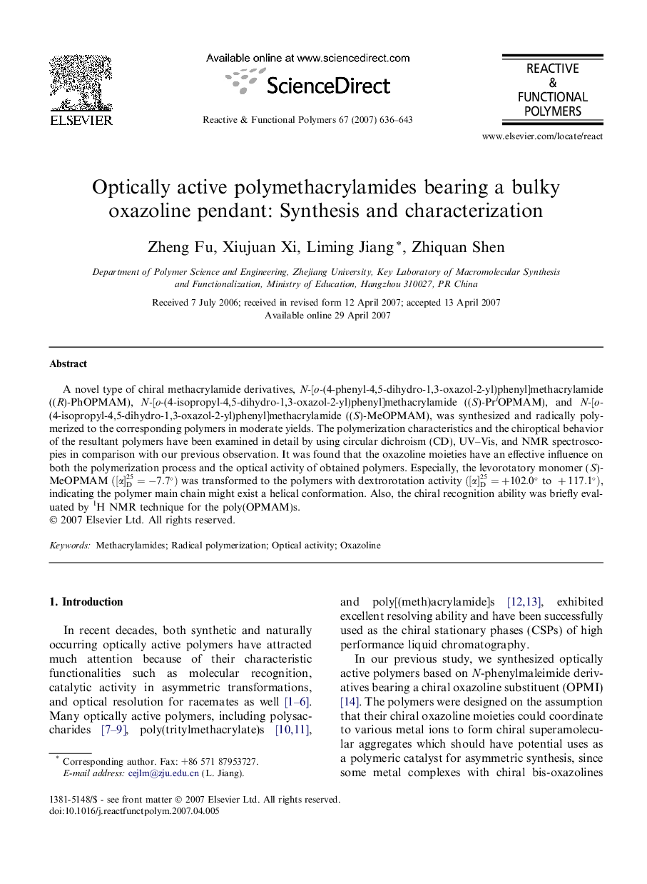 Optically active polymethacrylamides bearing a bulky oxazoline pendant: Synthesis and characterization