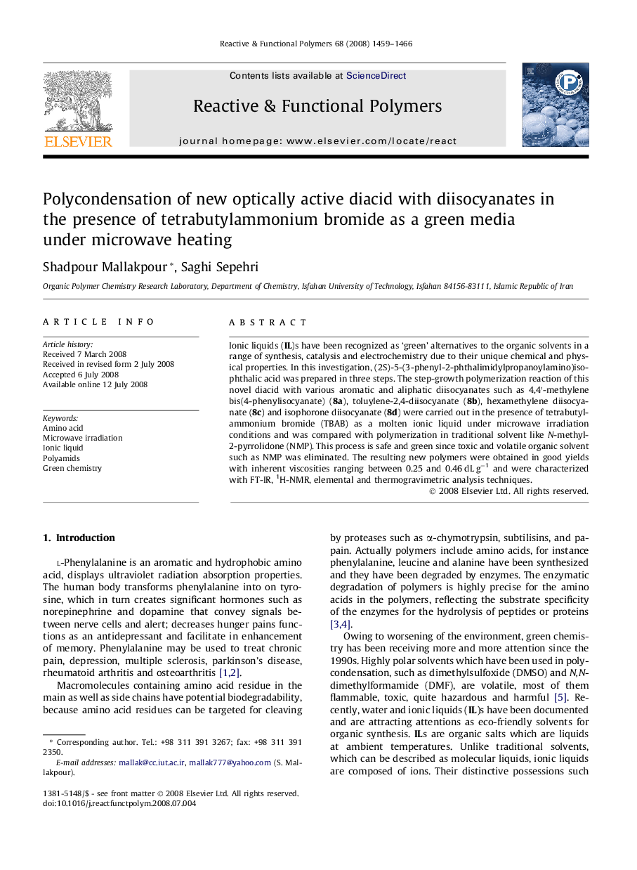 Polycondensation of new optically active diacid with diisocyanates in the presence of tetrabutylammonium bromide as a green media under microwave heating