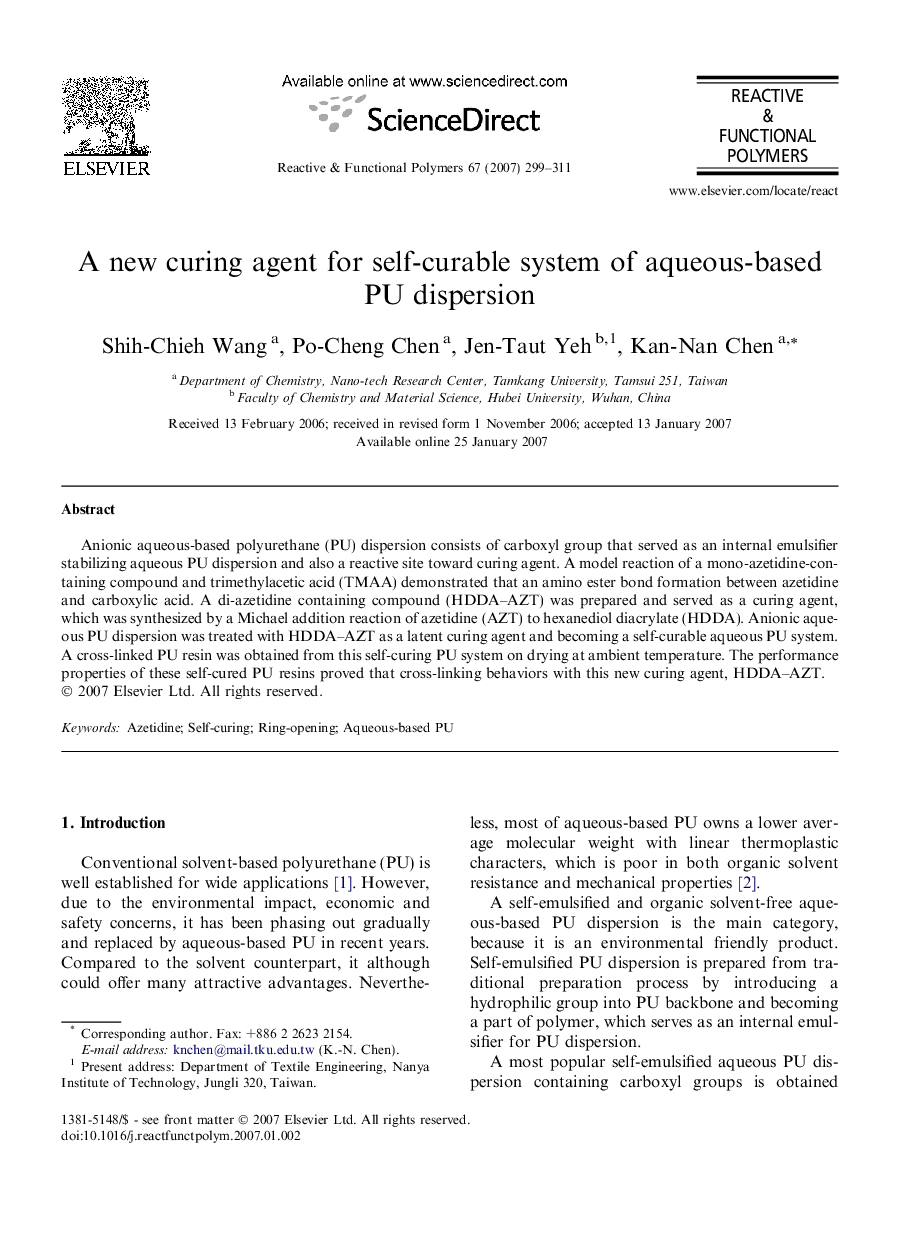 A new curing agent for self-curable system of aqueous-based PU dispersion