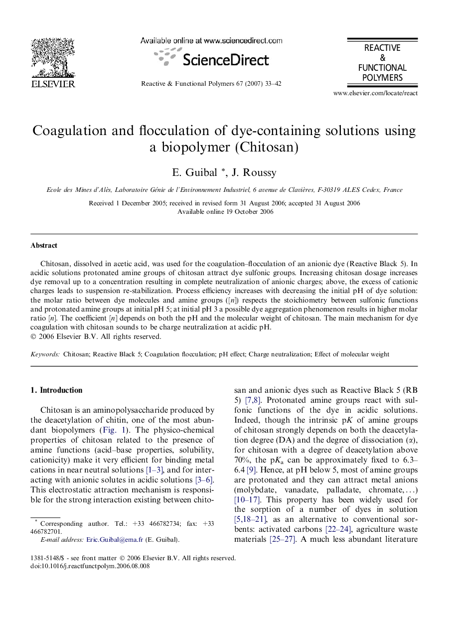 Coagulation and flocculation of dye-containing solutions using a biopolymer (Chitosan)