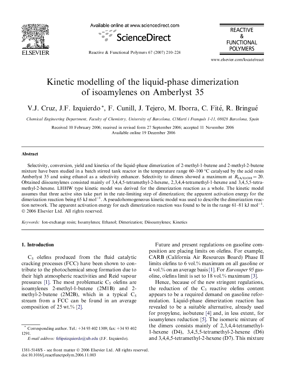 Kinetic modelling of the liquid-phase dimerization of isoamylenes on Amberlyst 35