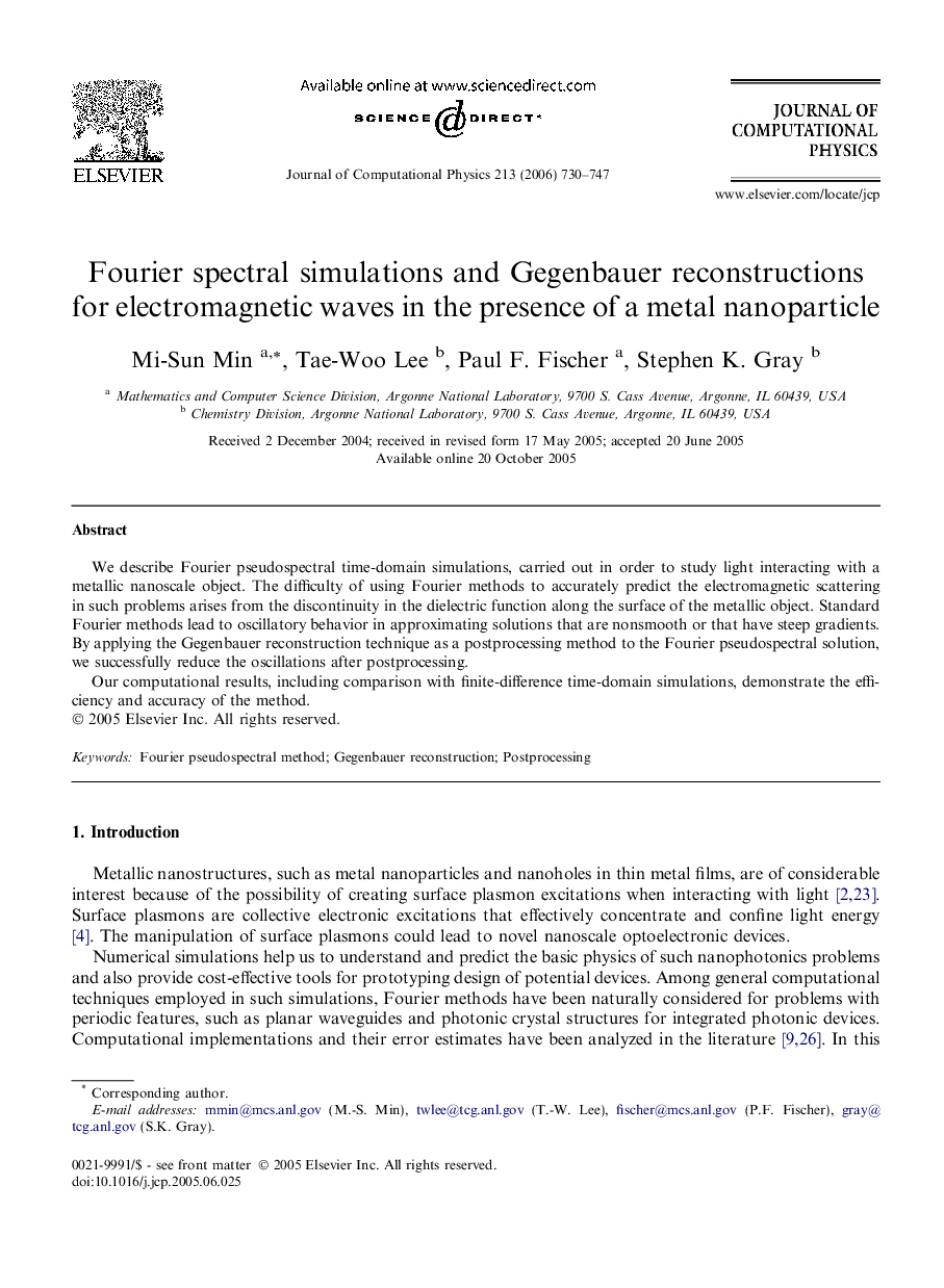 Fourier spectral simulations and Gegenbauer reconstructions for electromagnetic waves in the presence of a metal nanoparticle