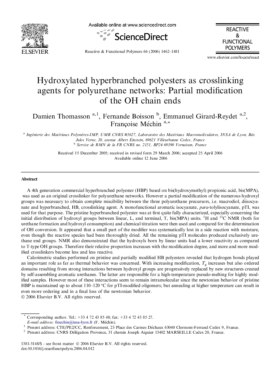 Hydroxylated hyperbranched polyesters as crosslinking agents for polyurethane networks: Partial modification of the OH chain ends