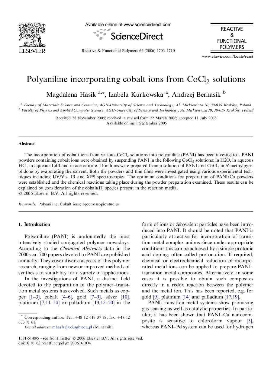 Polyaniline incorporating cobalt ions from CoCl2 solutions