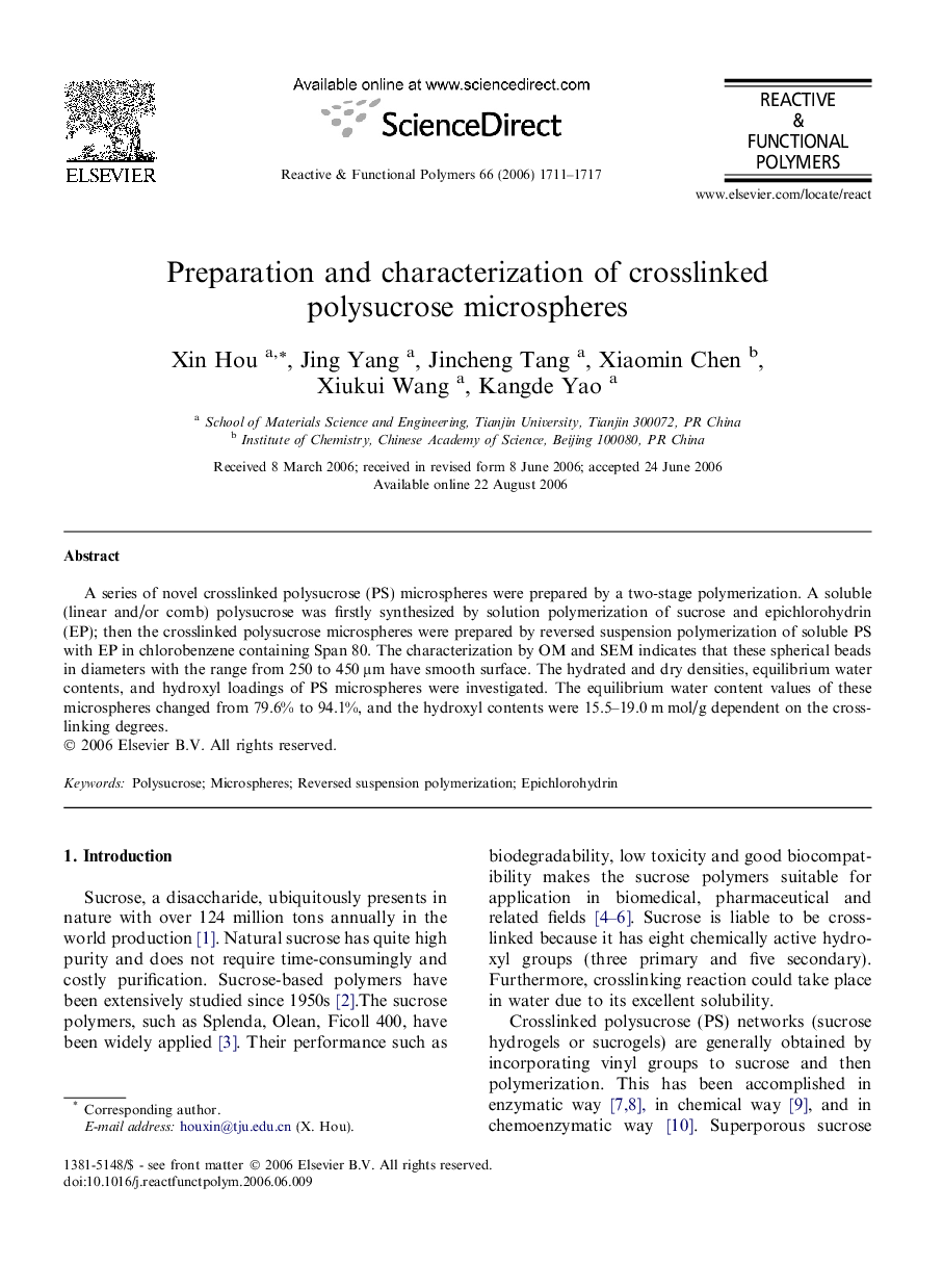 Preparation and characterization of crosslinked polysucrose microspheres