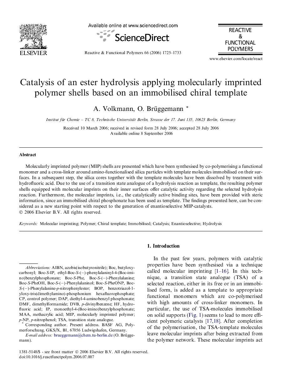 Catalysis of an ester hydrolysis applying molecularly imprinted polymer shells based on an immobilised chiral template