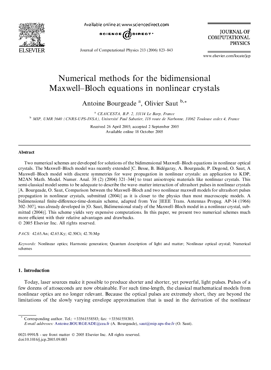 Numerical methods for the bidimensional Maxwell–Bloch equations in nonlinear crystals