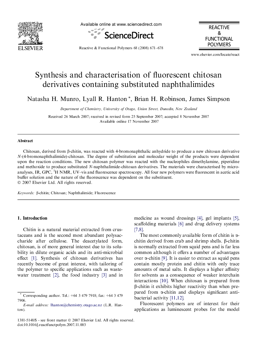 Synthesis and characterisation of fluorescent chitosan derivatives containing substituted naphthalimides