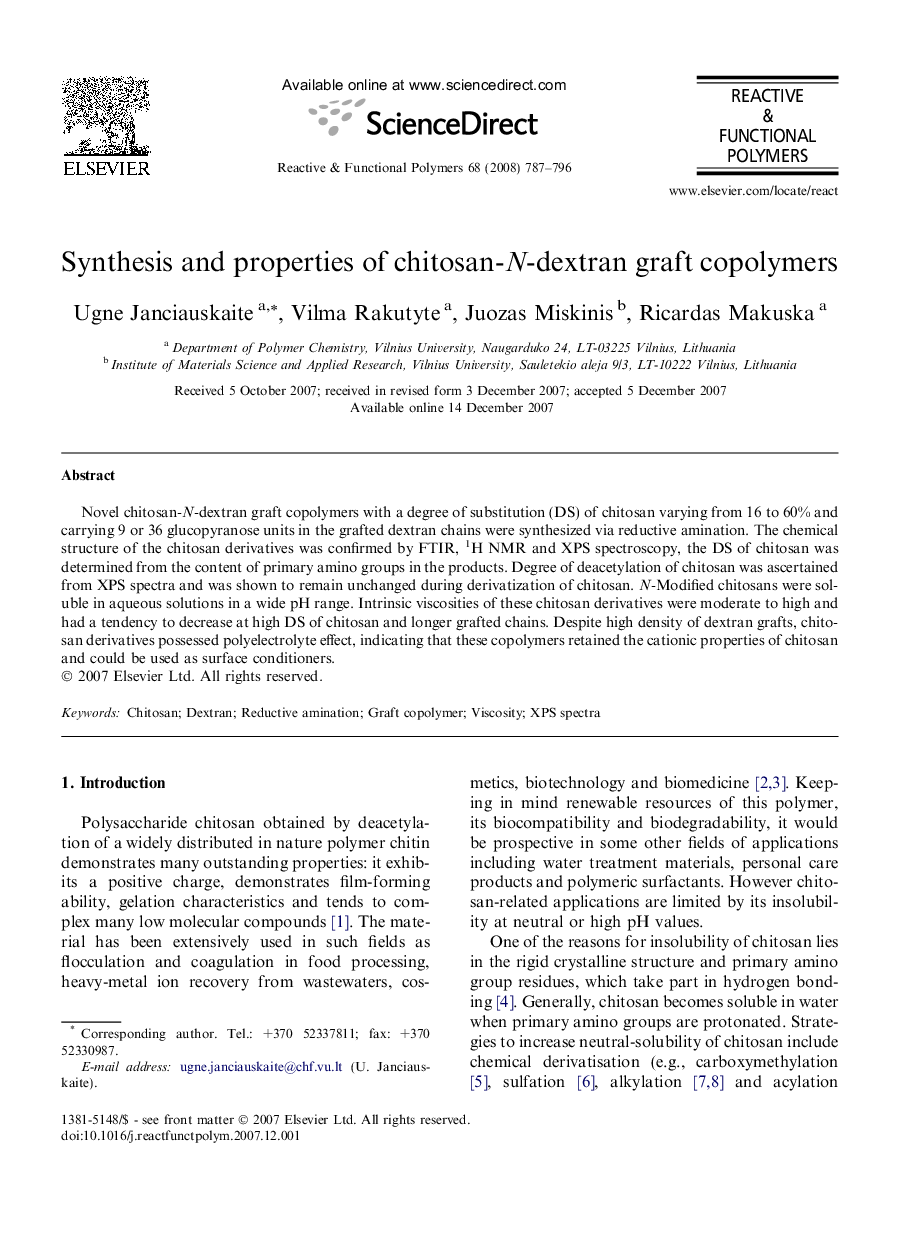 Synthesis and properties of chitosan-N-dextran graft copolymers