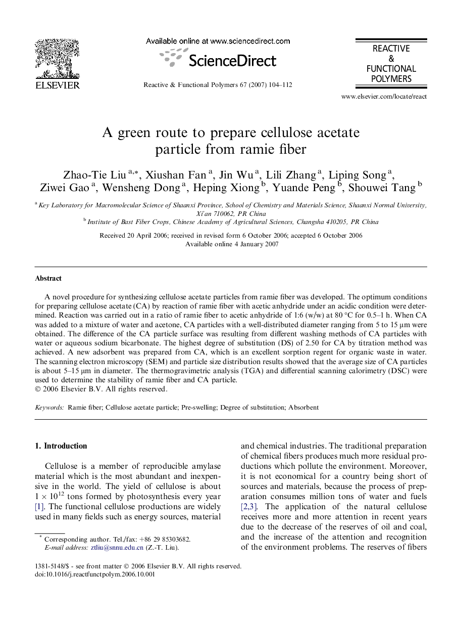 A green route to prepare cellulose acetate particle from ramie fiber