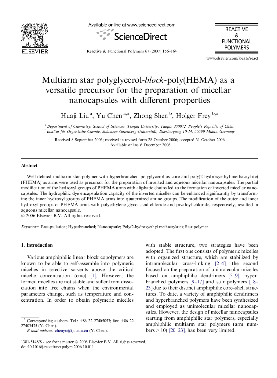 Multiarm star polyglycerol-block-poly(HEMA) as a versatile precursor for the preparation of micellar nanocapsules with different properties