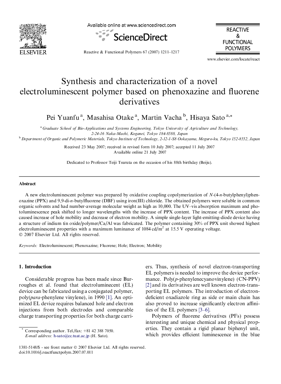 Synthesis and characterization of a novel electroluminescent polymer based on phenoxazine and fluorene derivatives