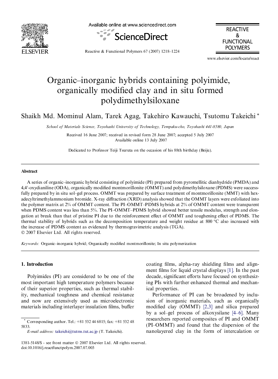 Organic-inorganic hybrids containing polyimide, organically modified clay and in situ formed polydimethylsiloxane