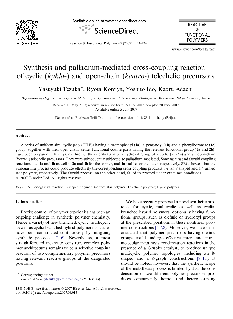 Synthesis and palladium-mediated cross-coupling reaction of cyclic (kyklo-) and open-chain (kentro-) telechelic precursors