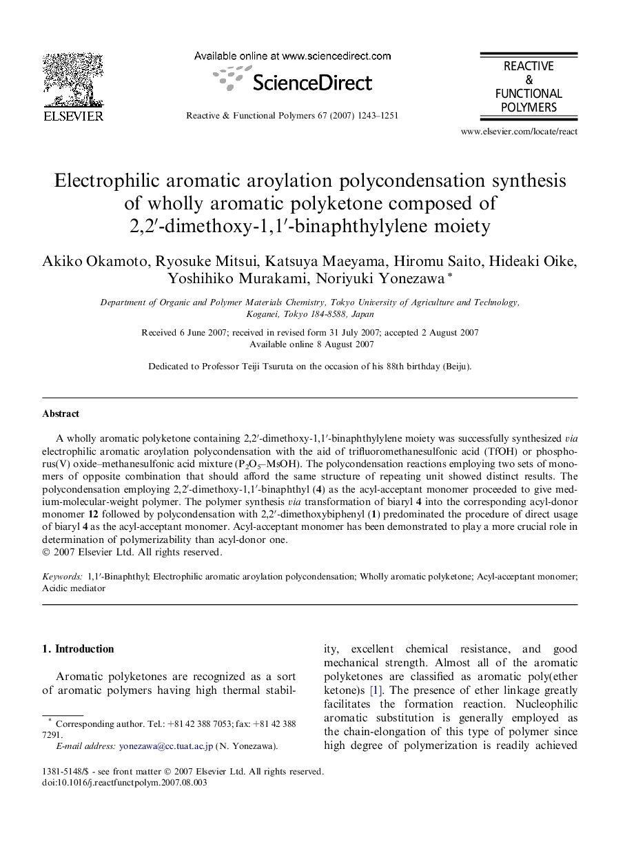 Electrophilic aromatic aroylation polycondensation synthesis of wholly aromatic polyketone composed of 2,2â²-dimethoxy-1,1â²-binaphthylylene moiety