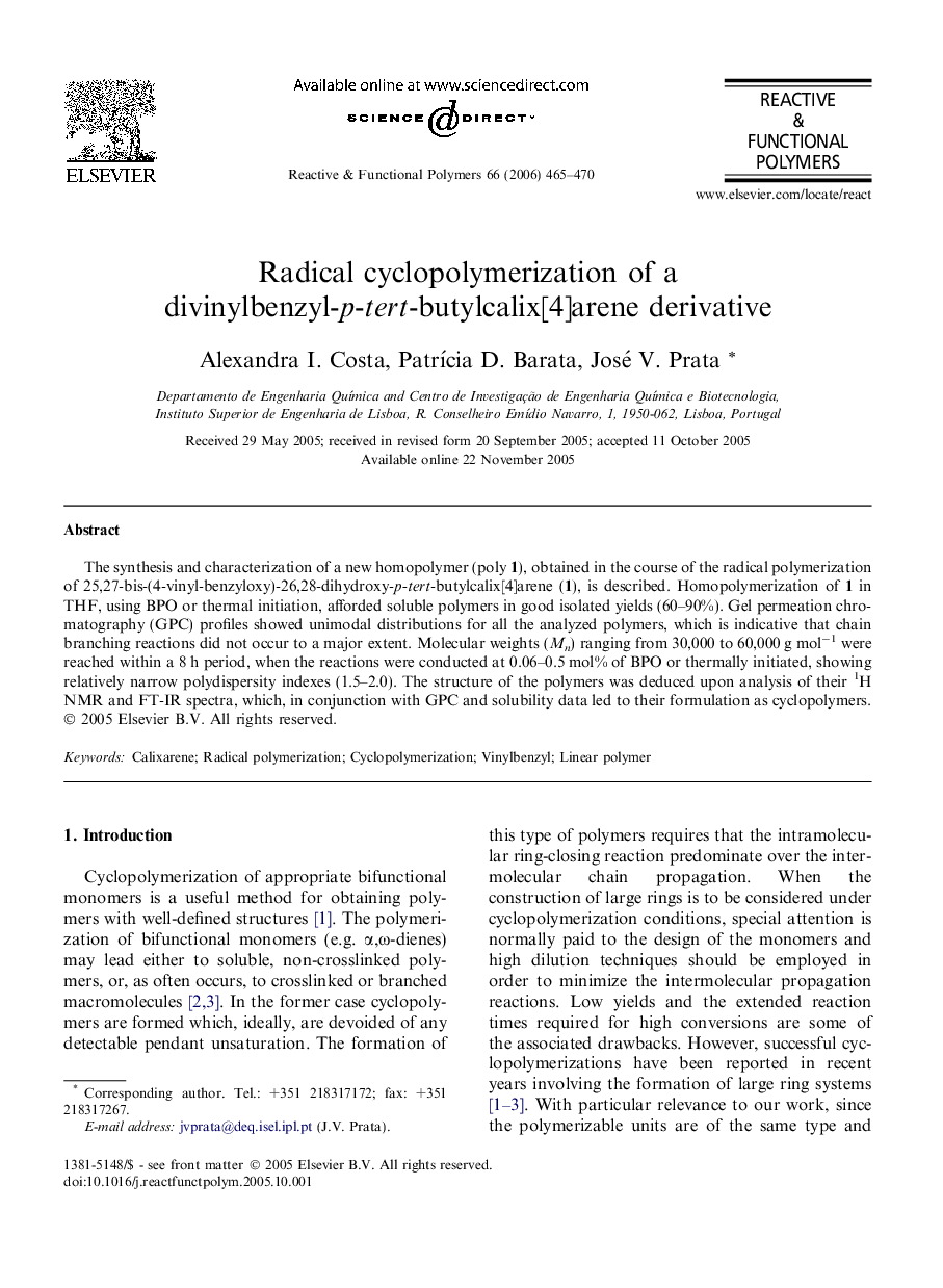 Radical cyclopolymerization of a divinylbenzyl-p-tert-butylcalix[4]arene derivative