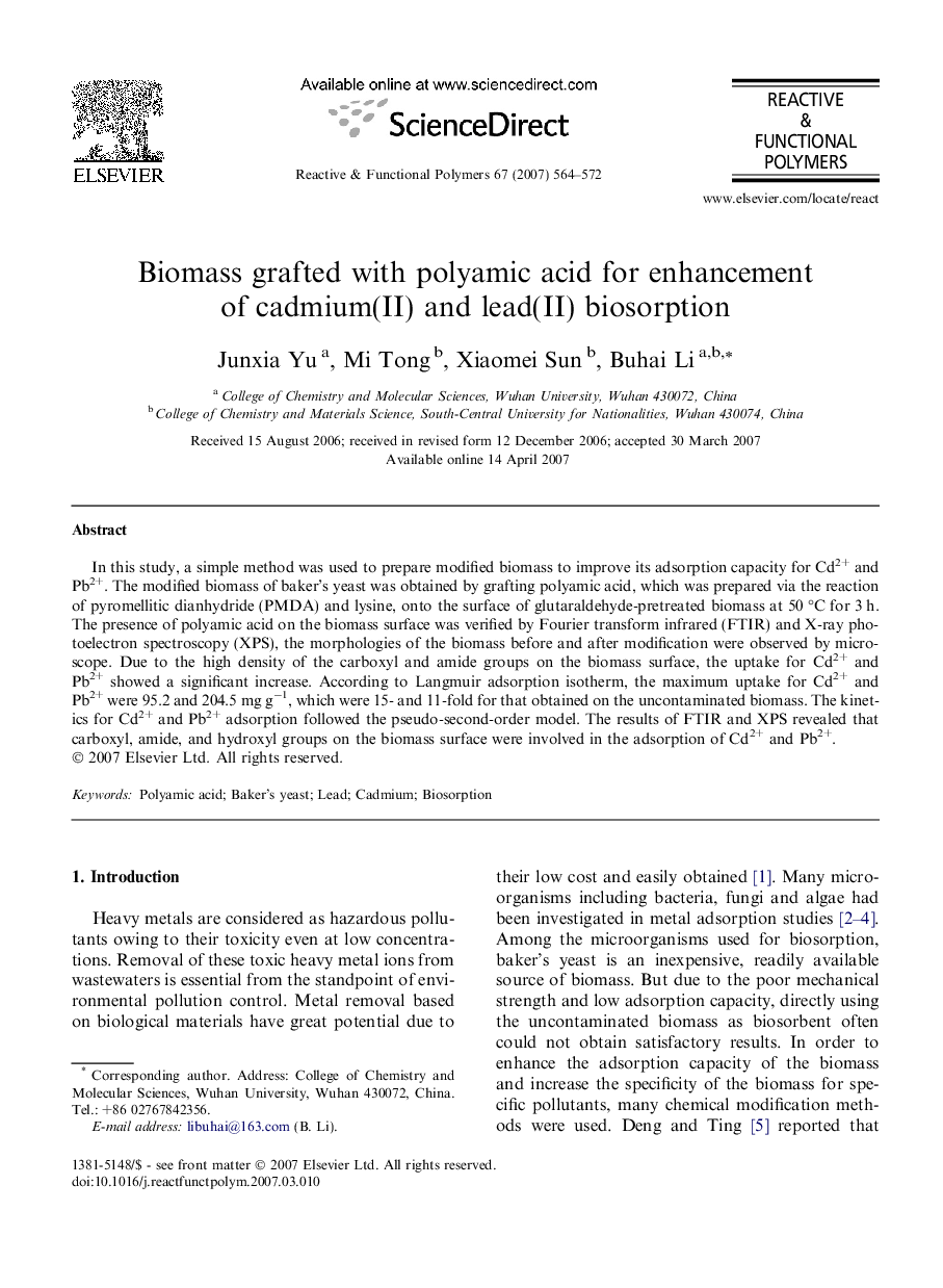 Biomass grafted with polyamic acid for enhancement of cadmium(II) and lead(II) biosorption