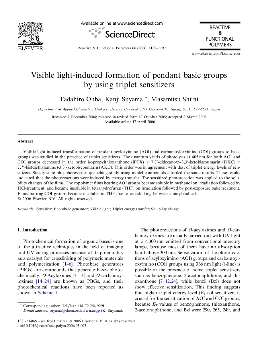 Visible light-induced formation of pendant basic groups by using triplet sensitizers