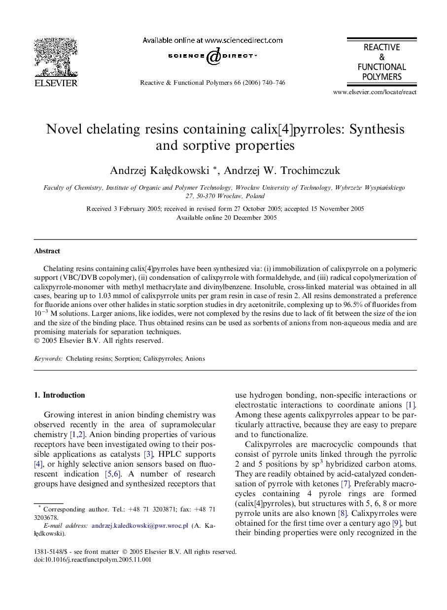 Novel chelating resins containing calix[4]pyrroles: Synthesis and sorptive properties