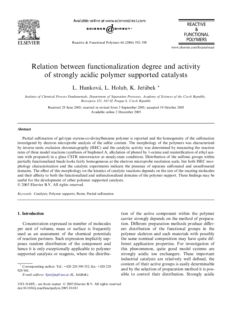 Relation between functionalization degree and activity of strongly acidic polymer supported catalysts