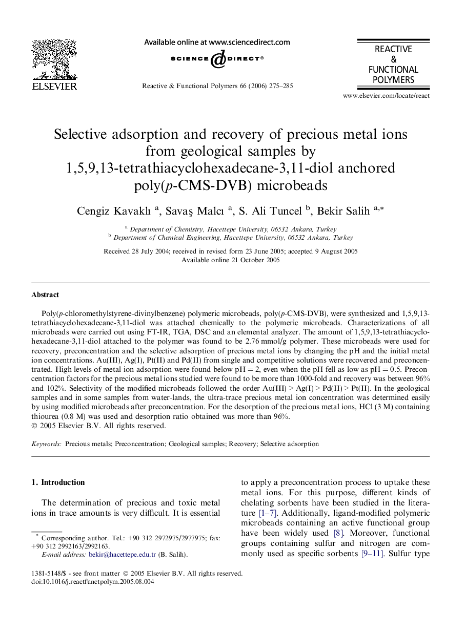 Selective adsorption and recovery of precious metal ions from geological samples by 1,5,9,13-tetrathiacyclohexadecane-3,11-diol anchored poly(p-CMS-DVB) microbeads