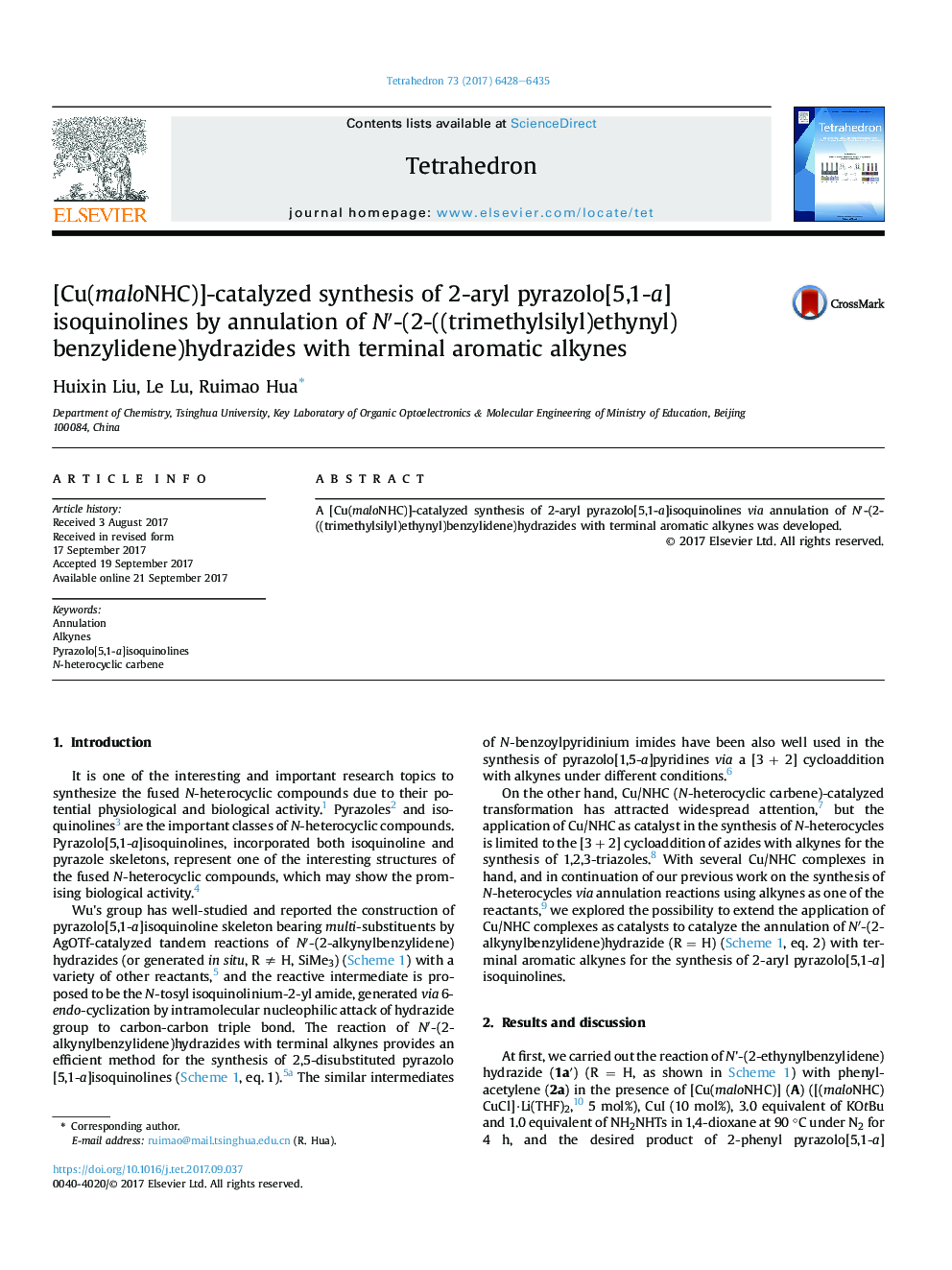 [Cu(maloNHC)]-catalyzed synthesis of 2-aryl pyrazolo[5,1-a]isoquinolines by annulation of Nâ²-(2-((trimethylsilyl)ethynyl)benzylidene)hydrazides with terminal aromatic alkynes