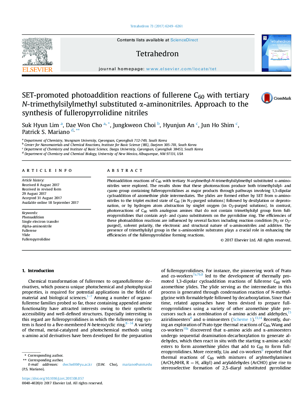 SET-promoted photoaddition reactions of fullerene C60 with tertiary N-trimethylsilylmethyl substituted Î±-aminonitriles. Approach to the synthesis of fulleropyrrolidine nitriles