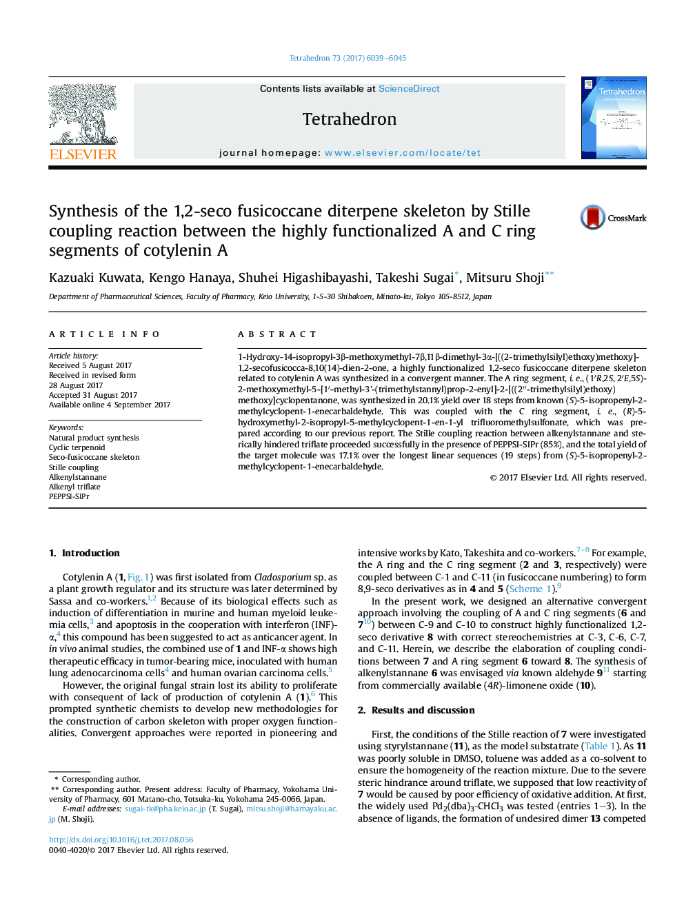 Synthesis of the 1,2-seco fusicoccane diterpene skeleton by Stille coupling reaction between the highly functionalized A and C ring segments of cotylenin A