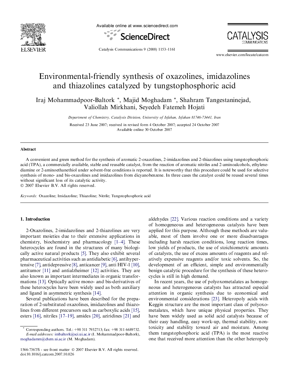 Environmental-friendly synthesis of oxazolines, imidazolines and thiazolines catalyzed by tungstophosphoric acid