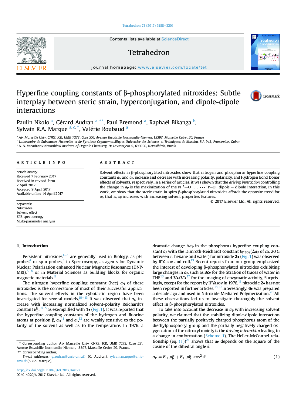 Hyperfine coupling constants of Î²-phosphorylated nitroxides: Subtle interplay between steric strain, hyperconjugation, and dipole-dipole interactions