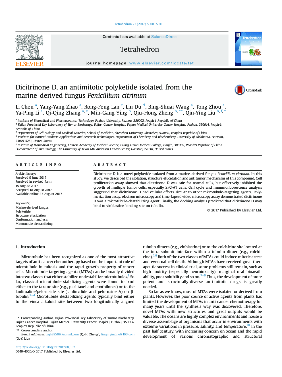 Dicitrinone D, an antimitotic polyketide isolated from the marine-derived fungus Penicillium citrinum