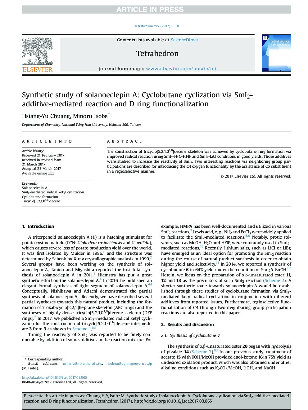 Synthetic study of solanoeclepin A: Cyclobutane cyclization via SmI2-additive-mediated reaction and D ring functionalization