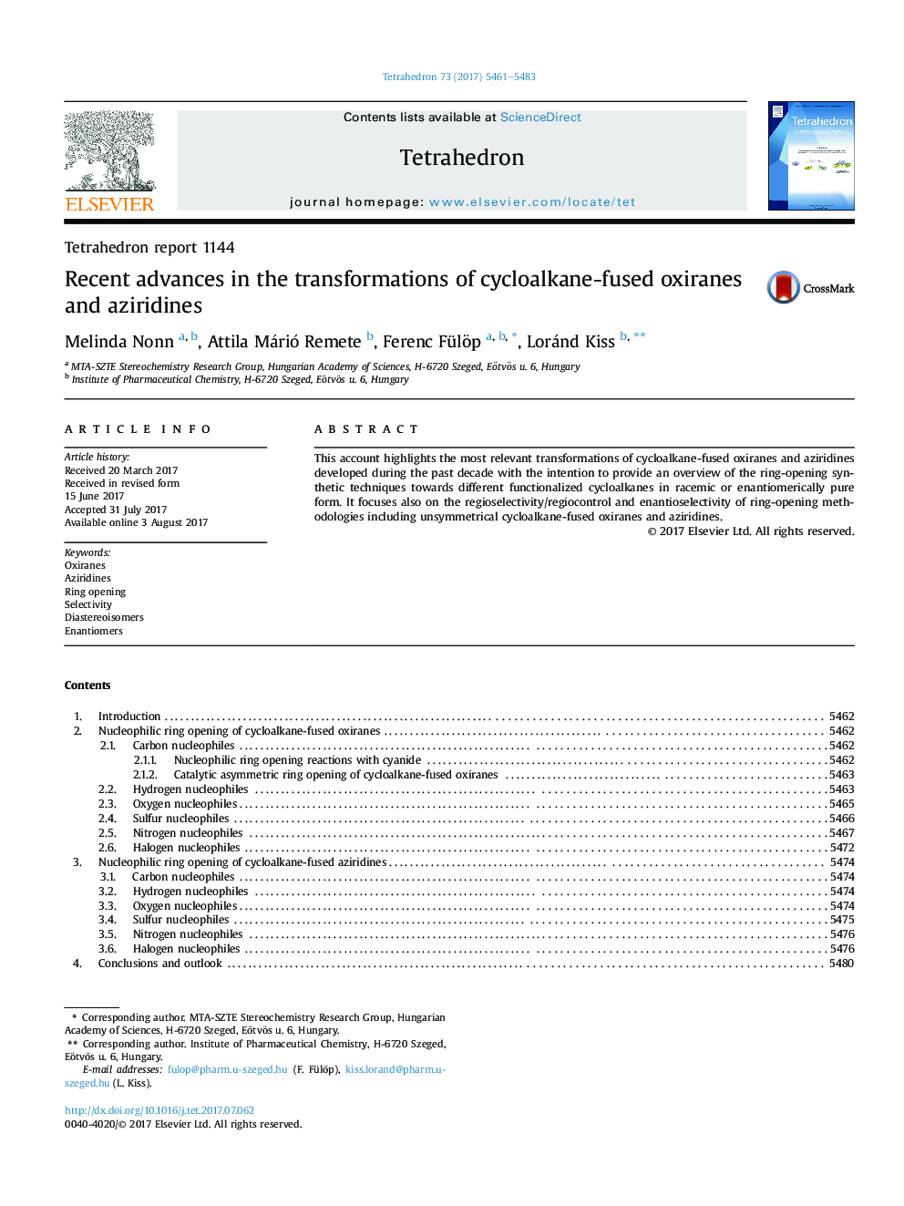 Tetrahedron report 1144Recent advances in the transformations of cycloalkane-fused oxiranes and aziridines