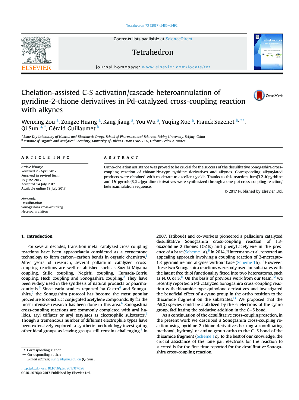 عکس صفحه اول مقاله: Chelation-assisted C-S activation/cascade heteroannulation of pyridine-2-thione derivatives in Pd-catalyzed cross-coupling reaction with alkynes Chelation-assisted C-S activation/cascade heteroannulation of pyridine-2-thione derivatives in Pd-catalyzed cross-coupling reaction with alkynes