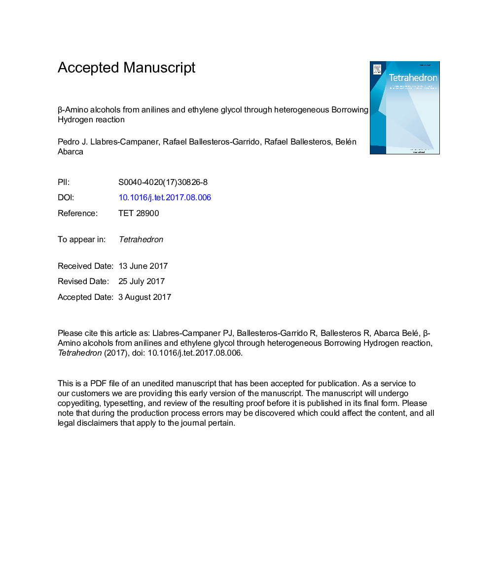 Î²-Amino alcohols from anilines and ethylene glycol through heterogeneous Borrowing Hydrogen reaction