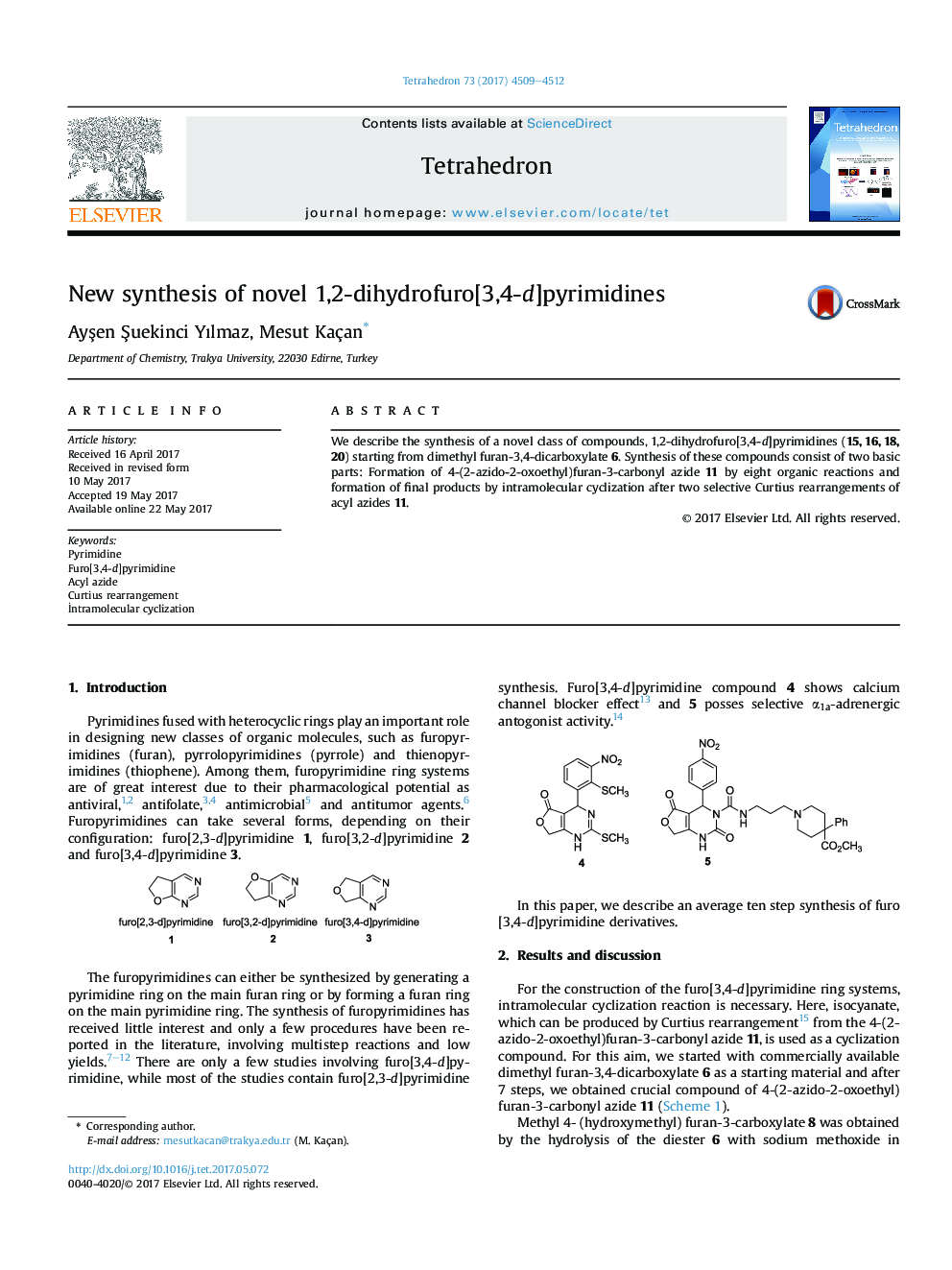 New synthesis of novel 1,2-dihydrofuro[3,4-d]pyrimidines