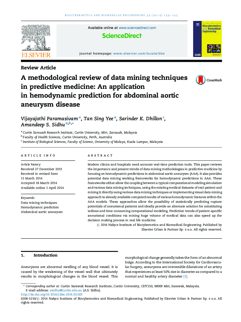 A methodological review of data mining techniques in predictive medicine: An application in hemodynamic prediction for abdominal aortic aneurysm disease