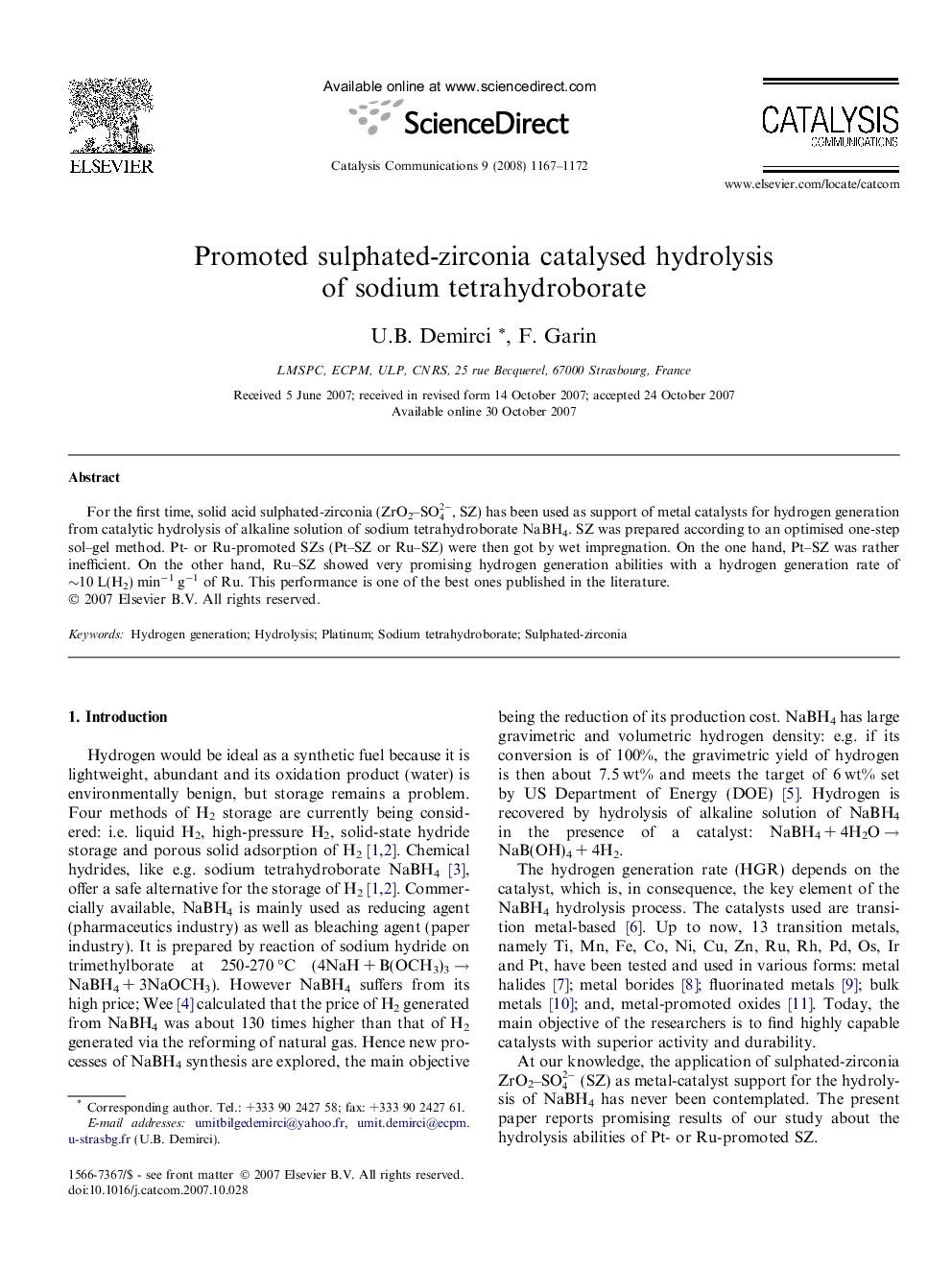 Promoted sulphated-zirconia catalysed hydrolysis of sodium tetrahydroborate