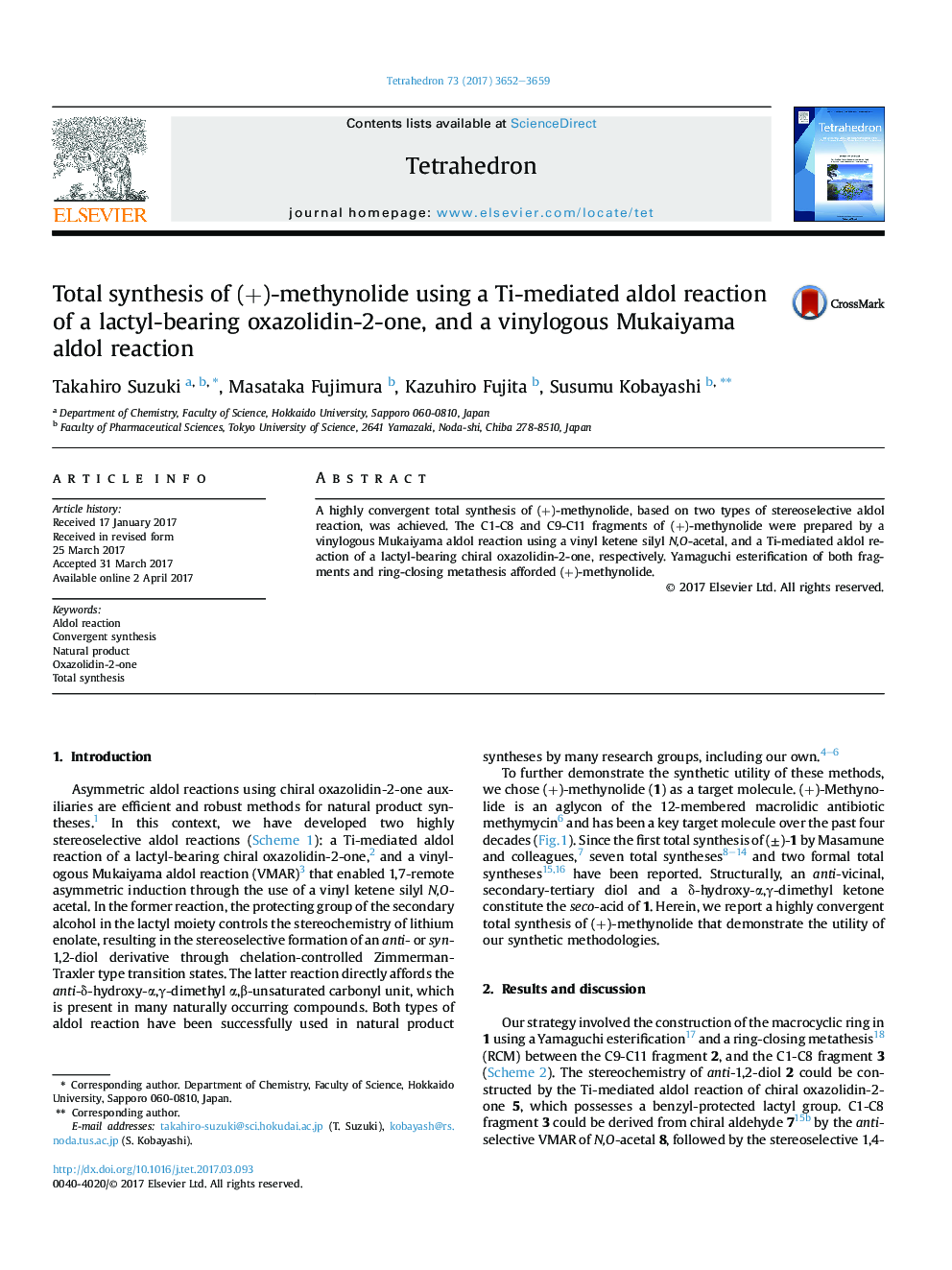 Total synthesis of (+)-methynolide using a Ti-mediated aldol reaction of a lactyl-bearing oxazolidin-2-one, and a vinylogous Mukaiyama aldol reaction