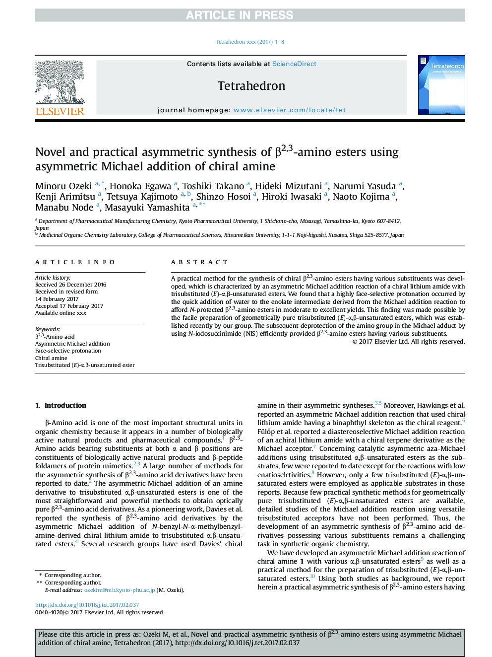 Novel and practical asymmetric synthesis of Î²2,3-amino esters using asymmetric Michael addition of chiral amine