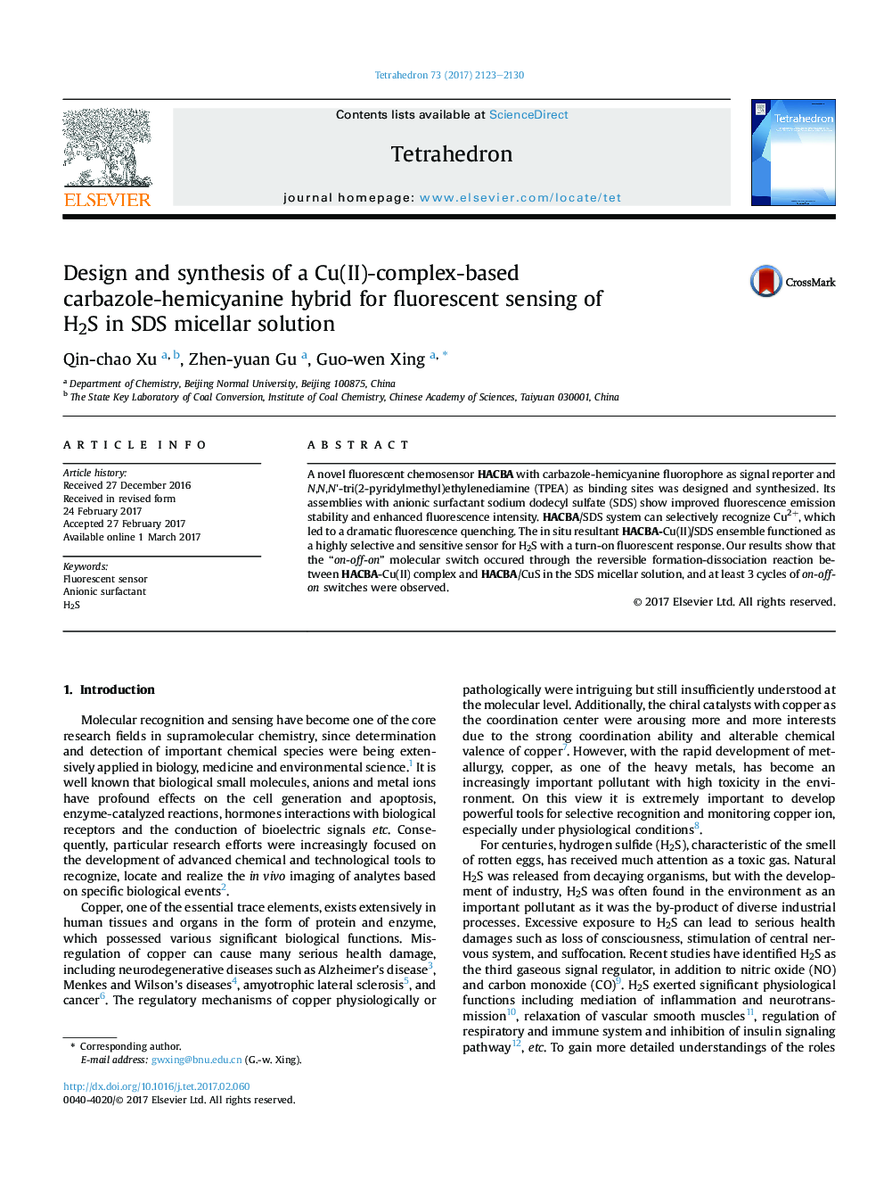 عکس صفحه اول مقاله: Design and synthesis of a Cu(II)-complex-based carbazole-hemicyanine hybrid for fluorescent sensing of H2S in SDS micellar solution Design and synthesis of a Cu(II)-complex-based carbazole-hemicyanine hybrid for fluorescent sensing of H2S in SDS micellar solution