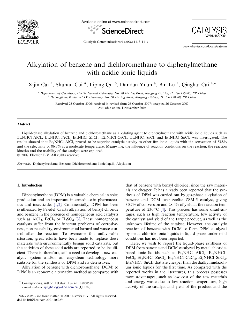 Alkylation of benzene and dichloromethane to diphenylmethane with acidic ionic liquids