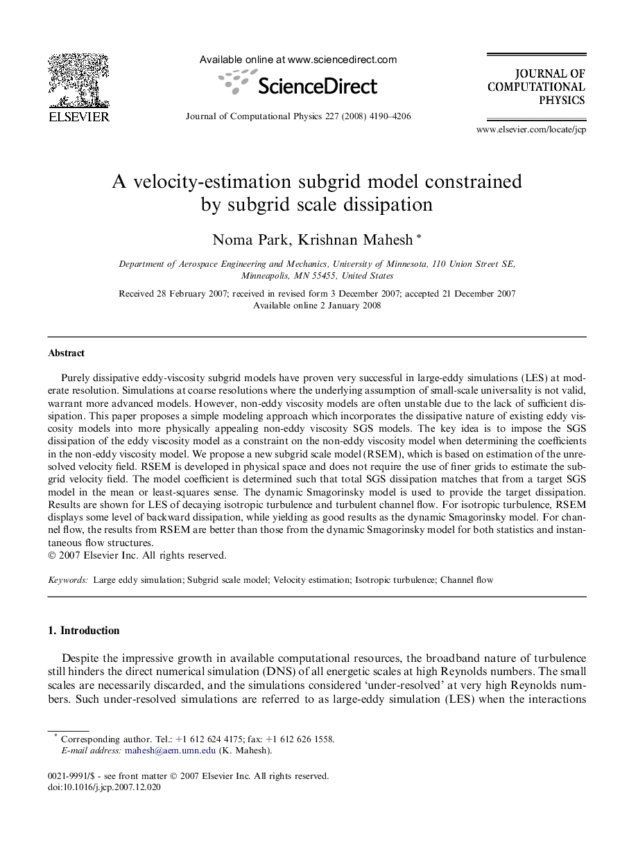 A velocity-estimation subgrid model constrained by subgrid scale dissipation