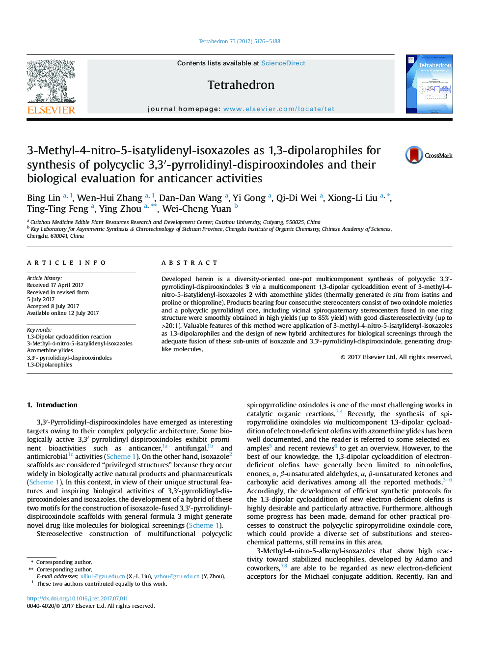 3-Methyl-4-nitro-5-isatylidenyl-isoxazoles as 1,3-dipolarophiles for synthesis of polycyclic 3,3â²-pyrrolidinyl-dispirooxindoles and their biological evaluation for anticancer activities